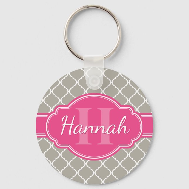 Grey White Lattice Pattern Pink Monogram Keychain (Front)