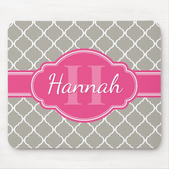 Grey White Lattice Pattern Pink Monogram Mouse Pad (Front)