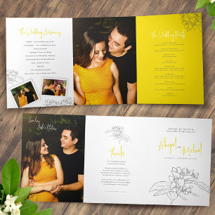 Grey white lemon yellow blossom photos wedding Tri-Fold programme