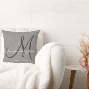 Grey White Linen Monogram Wedding Keepsake Throw Pillow