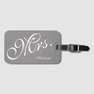 Grey White Linen Newlywed Mrs. Wedding Luggage Tag