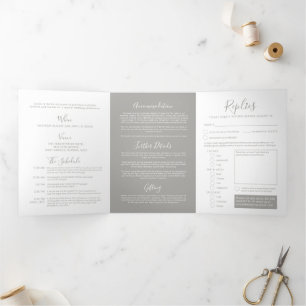 Grey white little heart wedding all-in-one Tri-Fold invitation