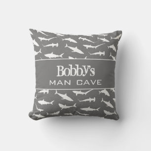 Grey White Man Cave Shark Throw Pillow