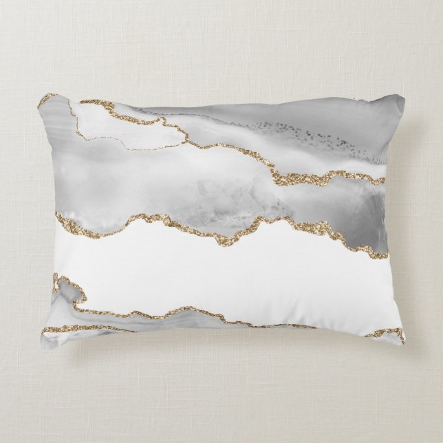 Grey White Marble Agate Refined Golden Glitter Accent Pillow (Front)