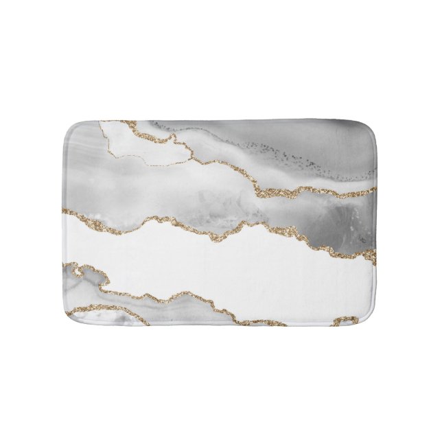 Grey White Marble Agate Refined Golden Glitter Bath Mat (Front)