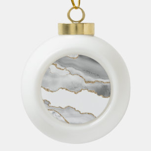 Grey White Marble Agate Refined Golden Glitter Ceramic Ball Christmas Ornament