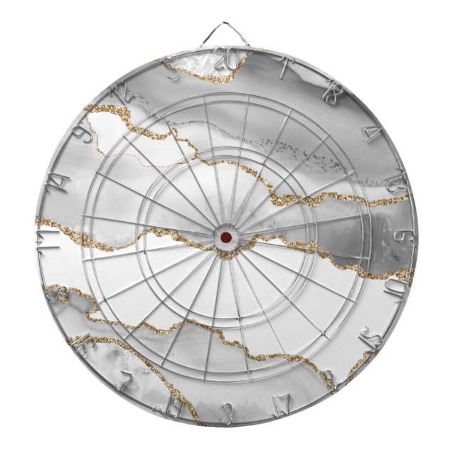 Grey White Marble Agate Refined Golden Glitter Dartboard (Front)
