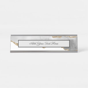 Grey White Marble Agate Refined Golden Glitter Desk Name Plate