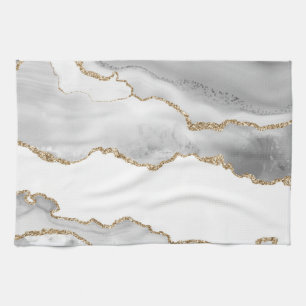 Grey White Marble Agate Refined Golden Glitter Kitchen Towel