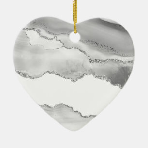 Grey White Marble Agate Simple Silver Glitter Ceramic Ornament