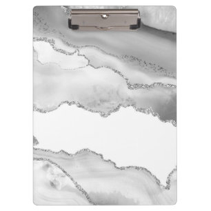 Grey White Marble Agate Simple Silver Glitter Clipboard