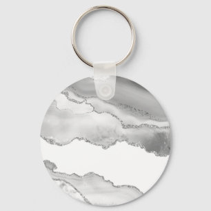 Grey White Marble Agate Simple Silver Glitter Keychain