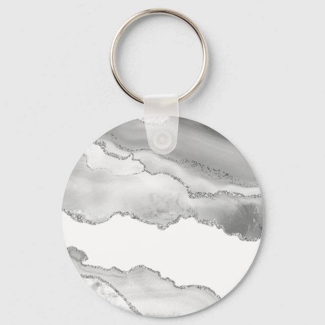 Grey White Marble Agate Simple Silver Glitter Keychain (Front)