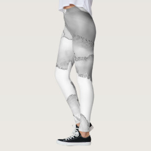 Grey White Marble Agate Simple Silver Glitter Leggings