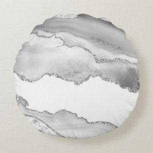 Grey White Marble Agate Simple Silver Glitter Round Pillow