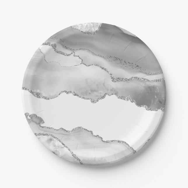 Grey White Marble Agate Simple Silver Sparkle Paper Plate (Front)
