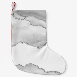 Grey White Marble Agate Simple Silver Sparkle Small Christmas Stocking
