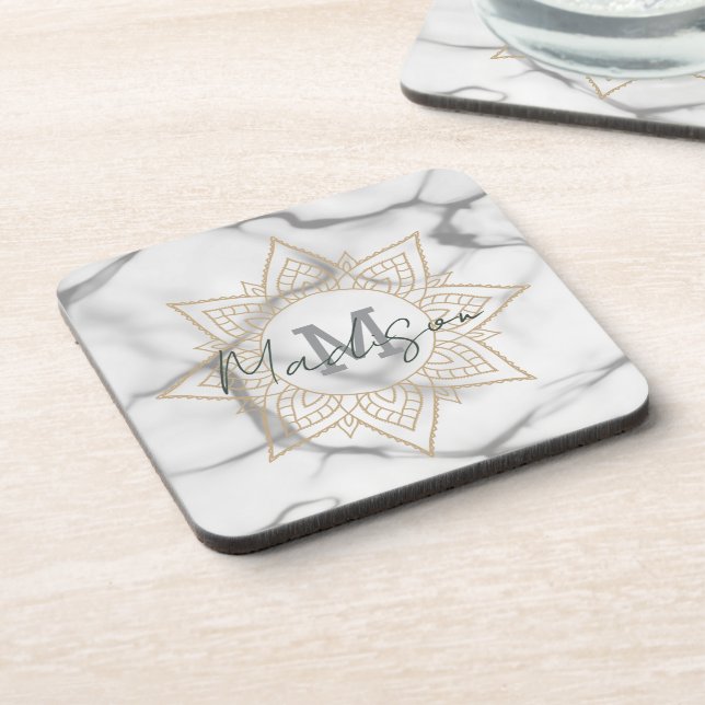 Grey & White Marble Effect Gold Mandala Monogram Coaster (Left Side)