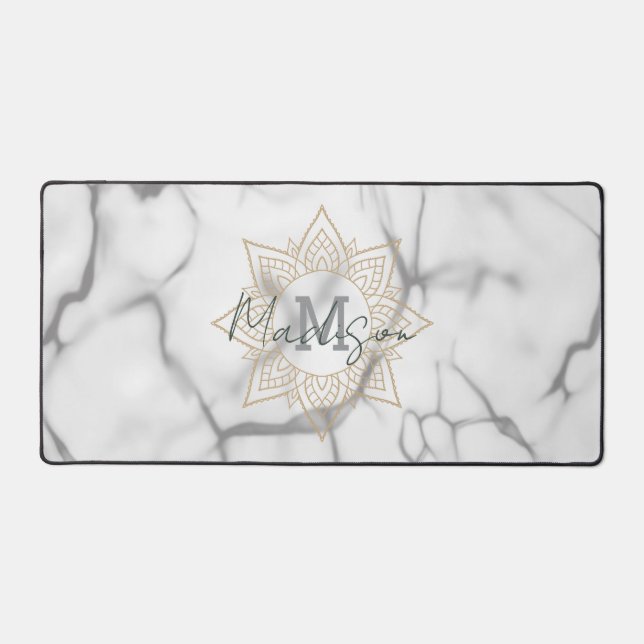 Grey & White Marble Effect Gold Mandala Monogram Desk Mat (Front)