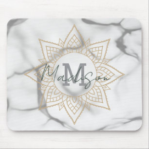 Grey & White Marble Effect Gold Mandala Monogram Mouse Pad