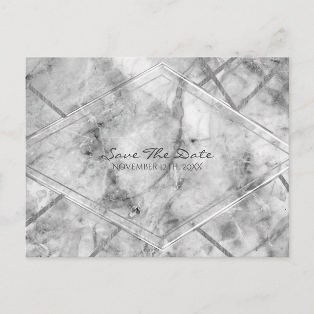 Grey & White Marble Glam Elegant Save the Date Announcement Postcard (Front)