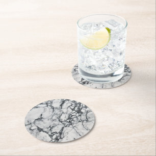 Grey White Marble Pattern Round Paper Coaster