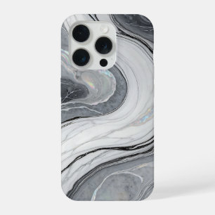 Grey White Marble Swirl Holographic Luxury iPhone 15 Pro Case