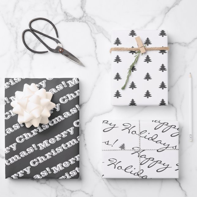 Grey White Merry Christmas Happy Holidays Wrapping Paper Sheet (Front)