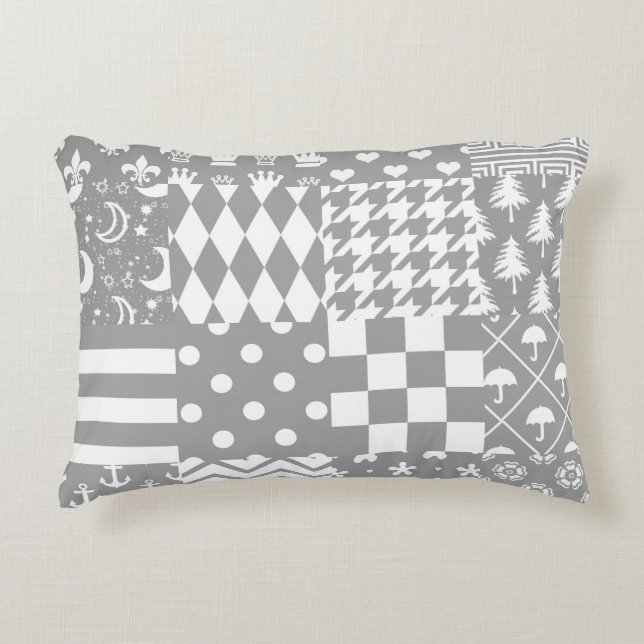 Grey White Mixed Patterns Patchwork Design  Accent Pillow (Front)