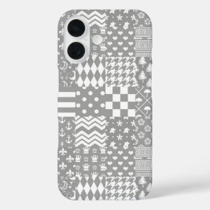 Grey White Mixed Patterns Patchwork Design  iPhone 16 Case