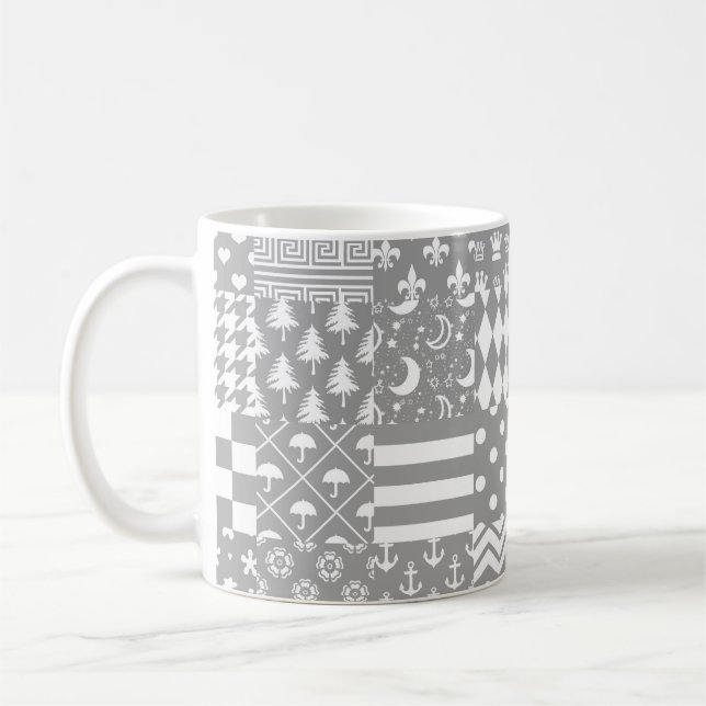 Grey White Mixed Patterns Patchwork Design  Coffee Mug (Left)