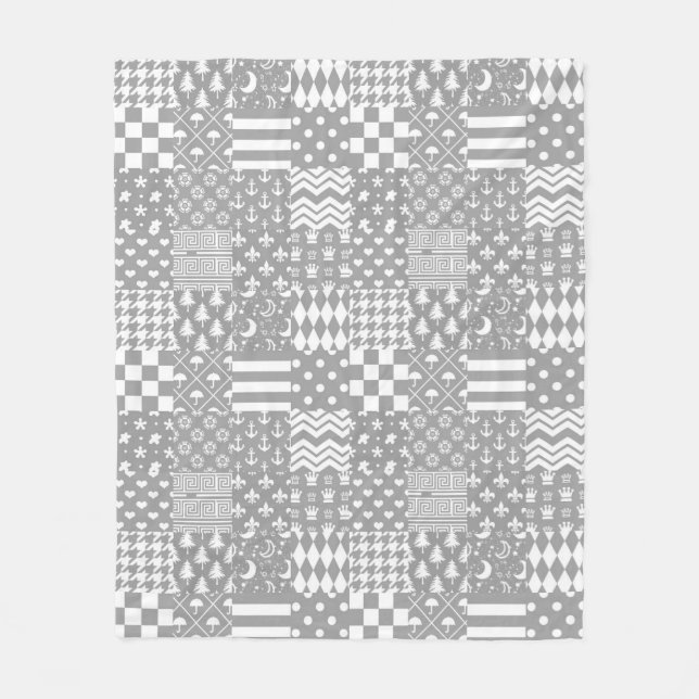 Grey White Mixed Patterns Patchwork Design  Fleece Blanket (Front)