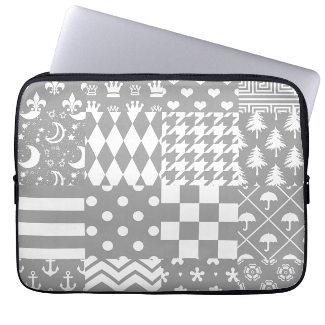 Grey White Mixed Patterns Patchwork Design  Laptop Sleeve (Front)
