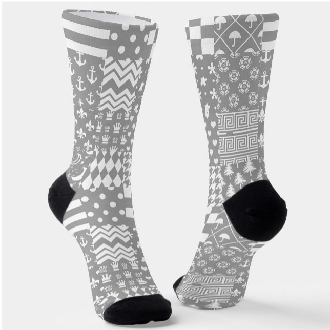 Grey White Mixed Patterns Patchwork Design  Socks (Creator Uploaded)