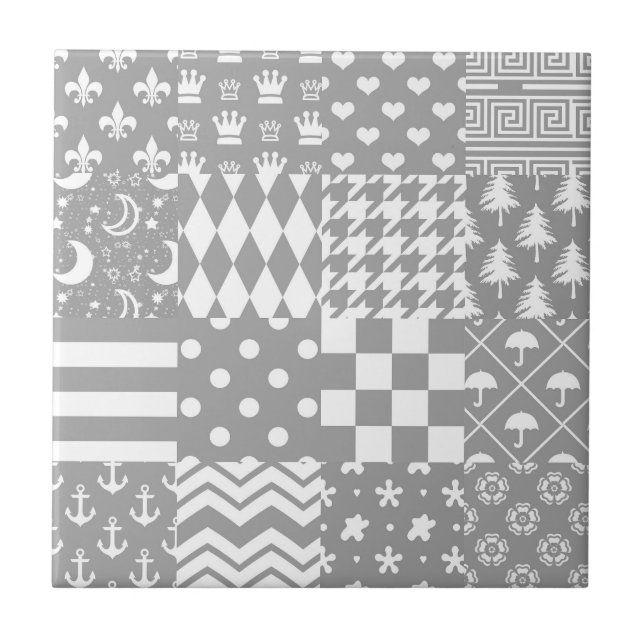 Grey White Mixed Patterns Patchwork Design  Tile (Front)
