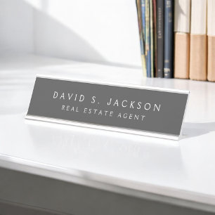 Grey White Modern Elegant Professional Classy Desk Name Plate