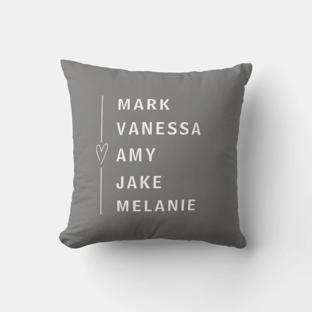 Grey White Modern Names Minimalist Heart Throw Pillow (Front)