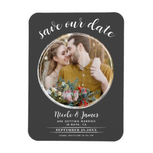 Grey & White Modern Round Photo Save the Date Magnet