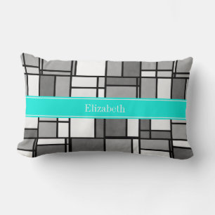 Grey White Mondrian Inspired Aqua Name Monogram Lumbar Pillow