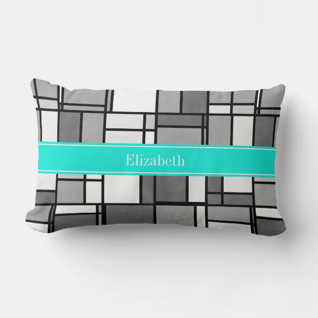 Grey White Mondrian Inspired Aqua Name Monogram Lumbar Pillow (Front)