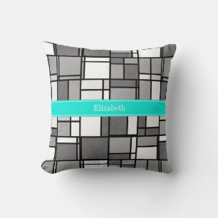 Grey White Mondrian Inspired Aqua Name Monogram Throw Pillow