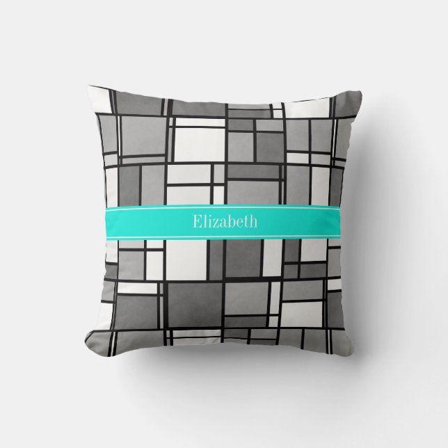 Grey White Mondrian Inspired Aqua Name Monogram Throw Pillow (Front)