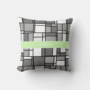 Grey White Mondrian Style Celery Ribbon Monogram Throw Pillow