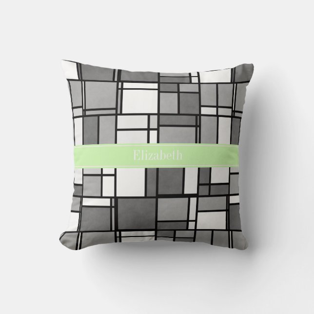 Grey White Mondrian Style Celery Ribbon Monogram Throw Pillow (Front)