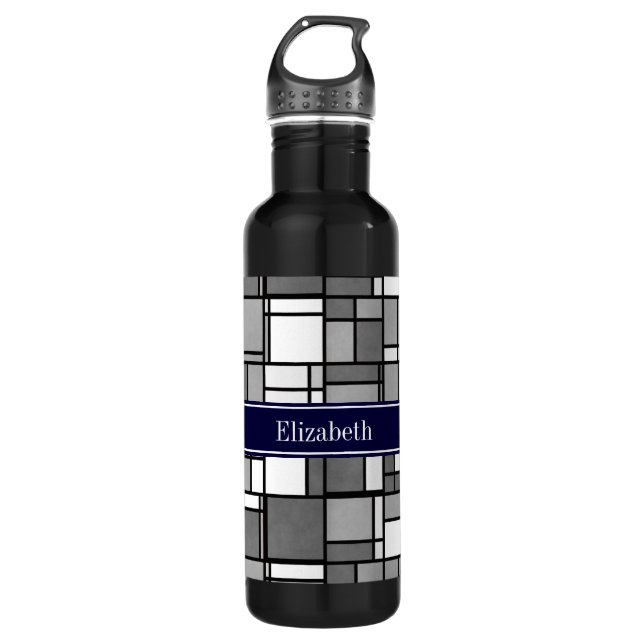 Grey White Mondrian Style Navy Ribbon Monogram 710 Ml Water Bottle (Front)