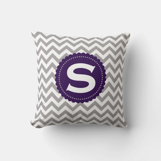Grey White Monogram Chevron Pattern Throw Pillow (Front)