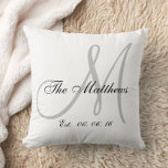 Grey White Monogram Family Newlywed Keepsake Throw Pillow<br><div class="desc">Personalized grey and white monogrammed pillow with your family's last name and wedding date in a script font overlay design on a white background. Elke Clarke© Available at www.zazzle.com/monogramgallery. Makes a great gift for newly weds or a family. Great trendy, elegant accessory for your bedroom, favourite chair, as fun home...</div>