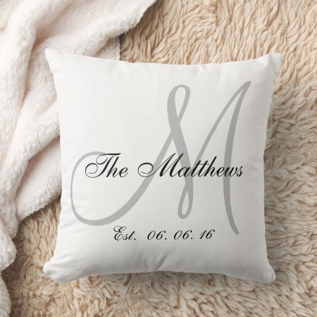 Grey White Monogram Family Newlywed Keepsake Throw Pillow (Creator Uploaded)