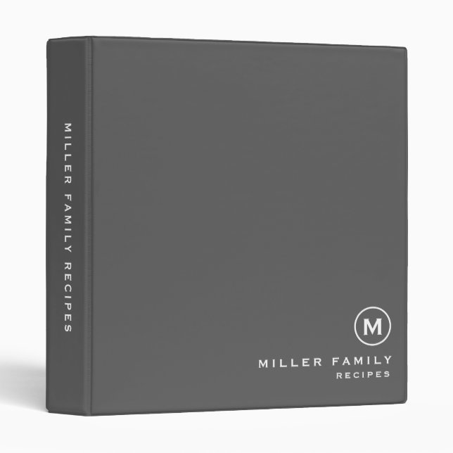 Grey White Monogram Initial Family Recipe Binder (Front/Spine)