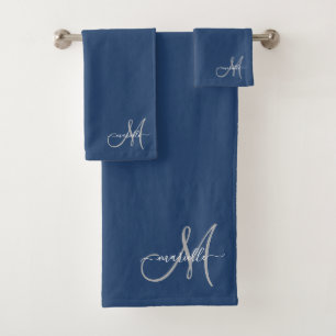 Grey White Monogram Navy Blue Bath Towel Set